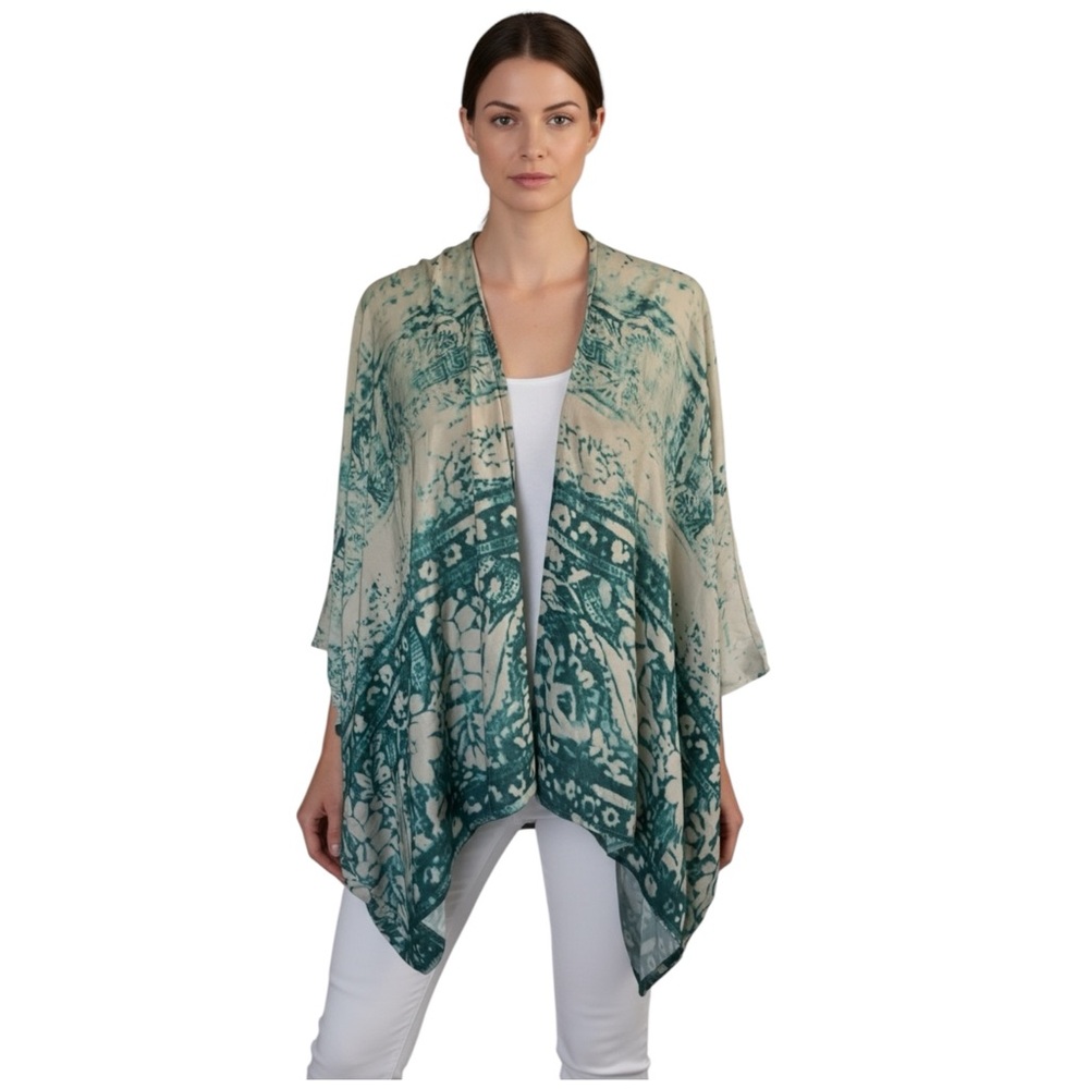 Chaser Cream & Teal Floral Abstract Open-Front Women's Kimono Cover Up New M